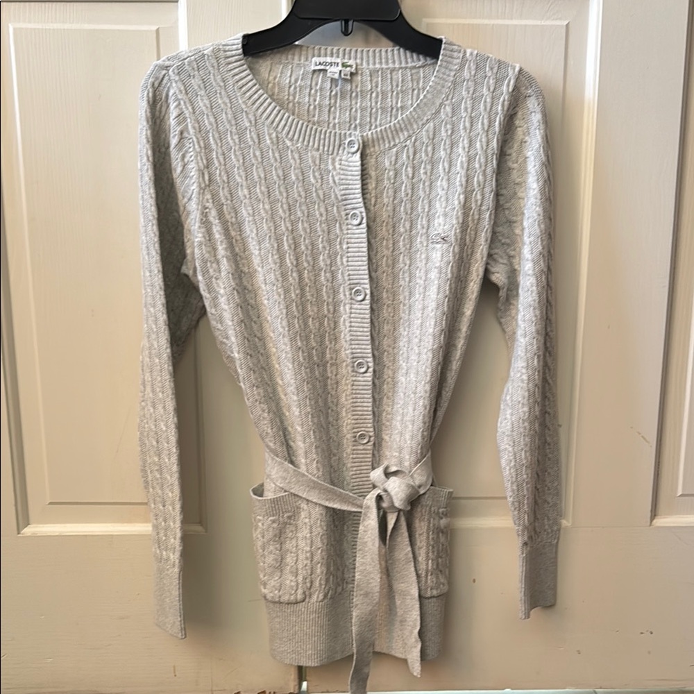 NWOT Lacoste Gray w/ Tonal 🐊 Cable Knit Cardigan Tie Belt Pockets Size M